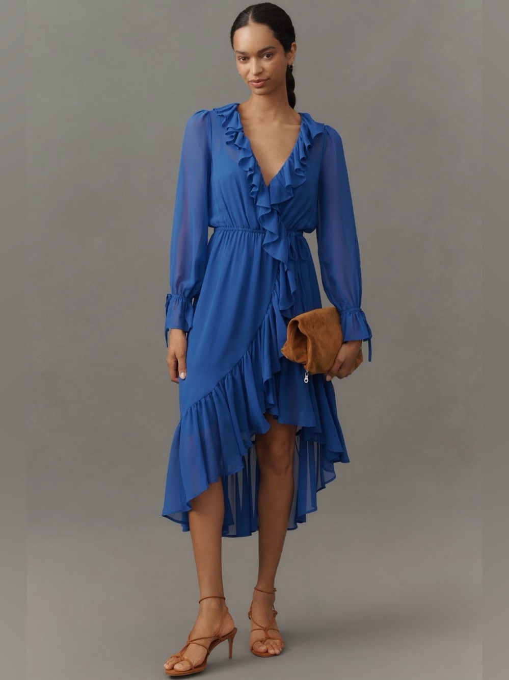 Anthropologie Long-Sleeve Ruffled Asymmetric Midi Dress Blue Size S NWT